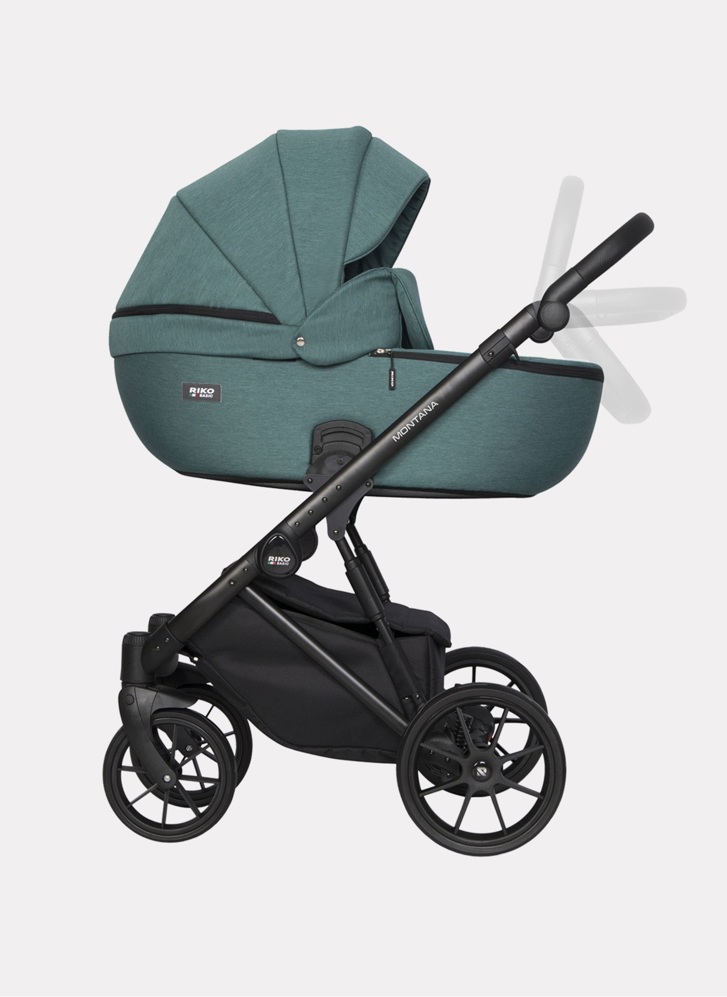 Детская коляска 2 в 1 Riko Basic Montana | Реверсивный прогулочный блок | Пружинная амортизация | Передние поворачиваемые колеса с фиксацией | Цвет - зеленый