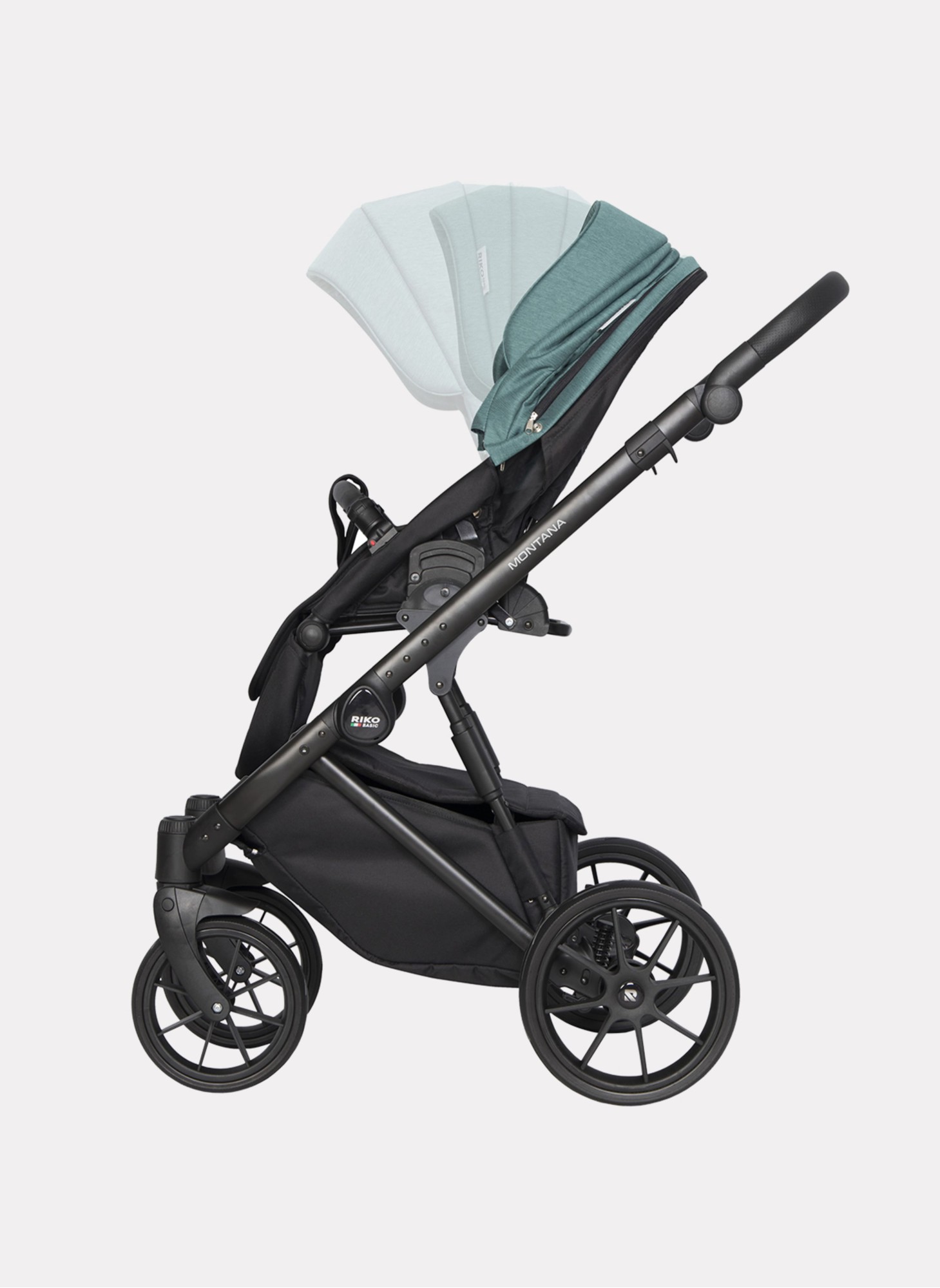 Детская коляска 2 в 1 Riko Basic Montana | Реверсивный прогулочный блок | Пружинная амортизация | Передние поворачиваемые колеса с фиксацией | Цвет - зеленый
