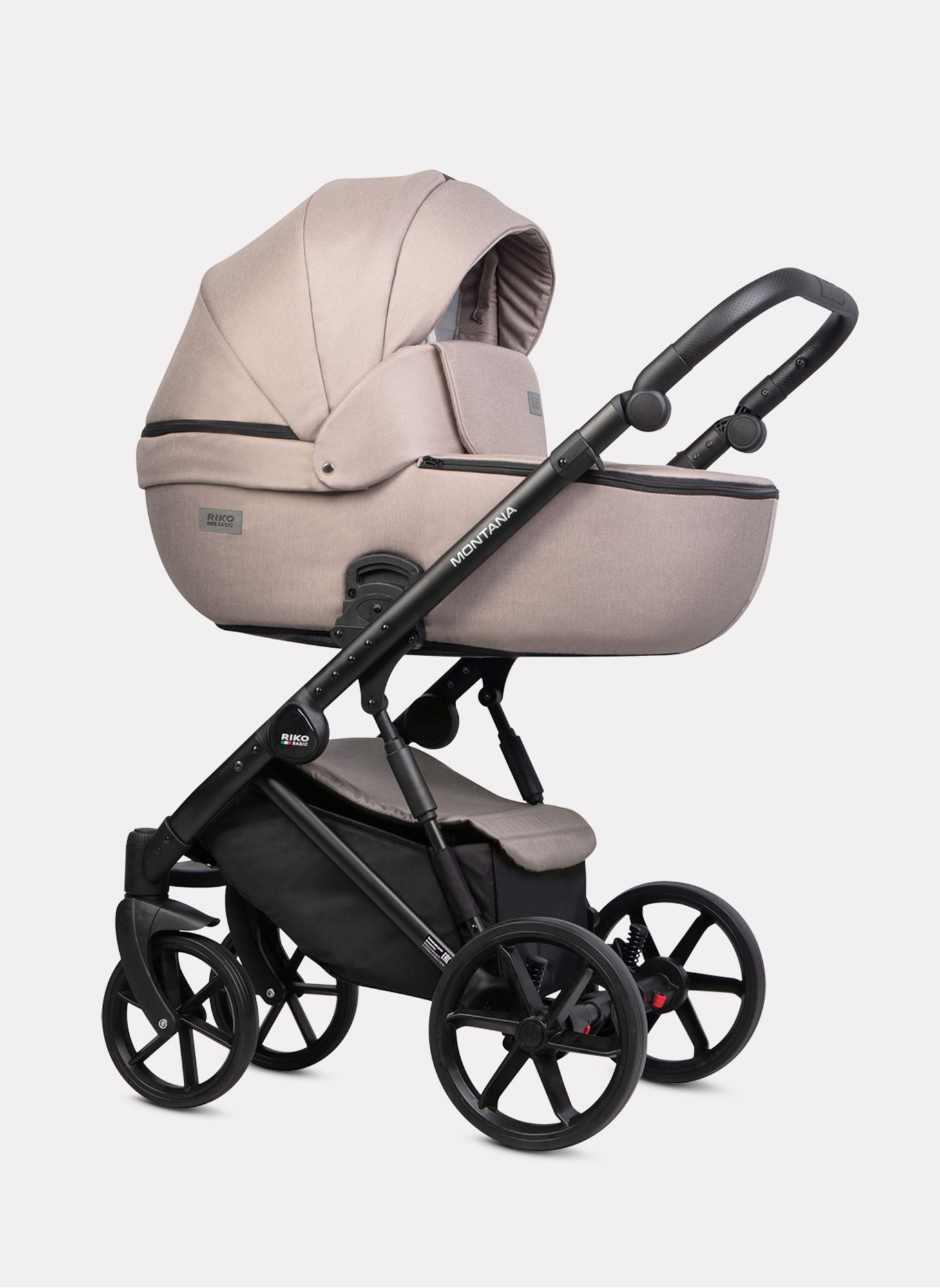 Детская коляска 2 в 1 Riko Basic Montana 2025 | Реверсивный прогулочный блок | Пружинная амортизация | Передние поворачиваемые колеса с фиксацией | Цвет - бежевый