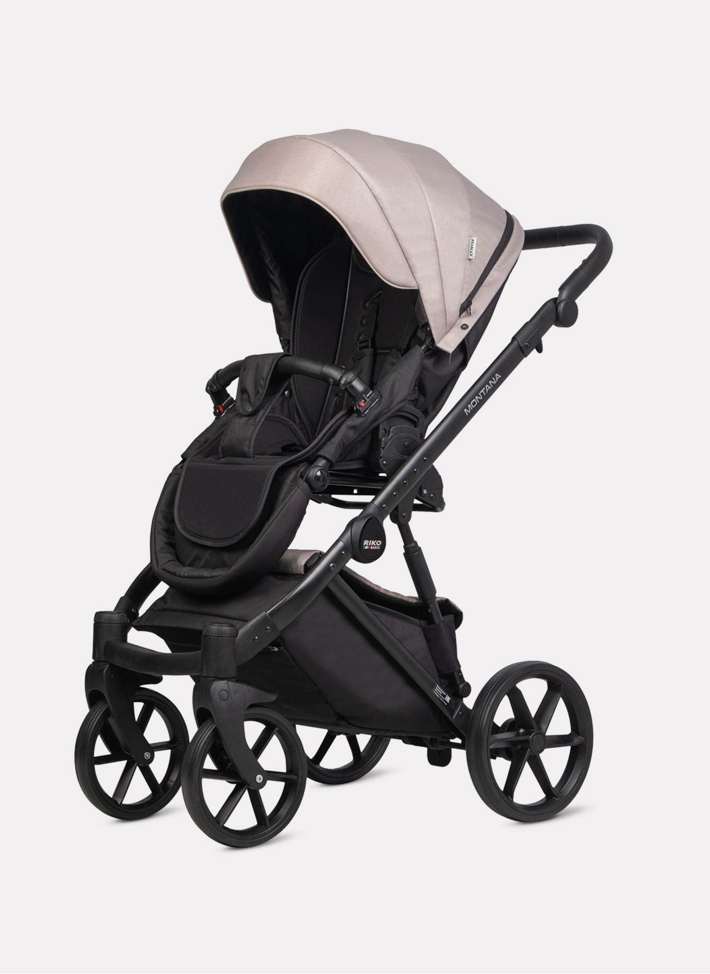 Детская коляска 2 в 1 Riko Basic Montana 2025 | Реверсивный прогулочный блок | Пружинная амортизация | Передние поворачиваемые колеса с фиксацией | Цвет - бежевый