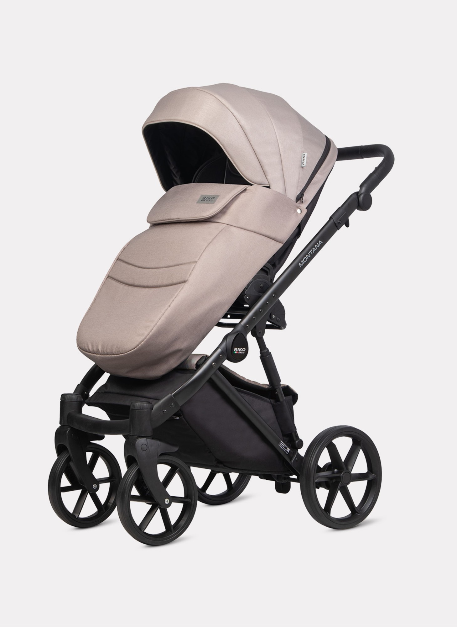 Детская коляска 2 в 1 Riko Basic Montana 2025 | Реверсивный прогулочный блок | Пружинная амортизация | Передние поворачиваемые колеса с фиксацией | Цвет - бежевый