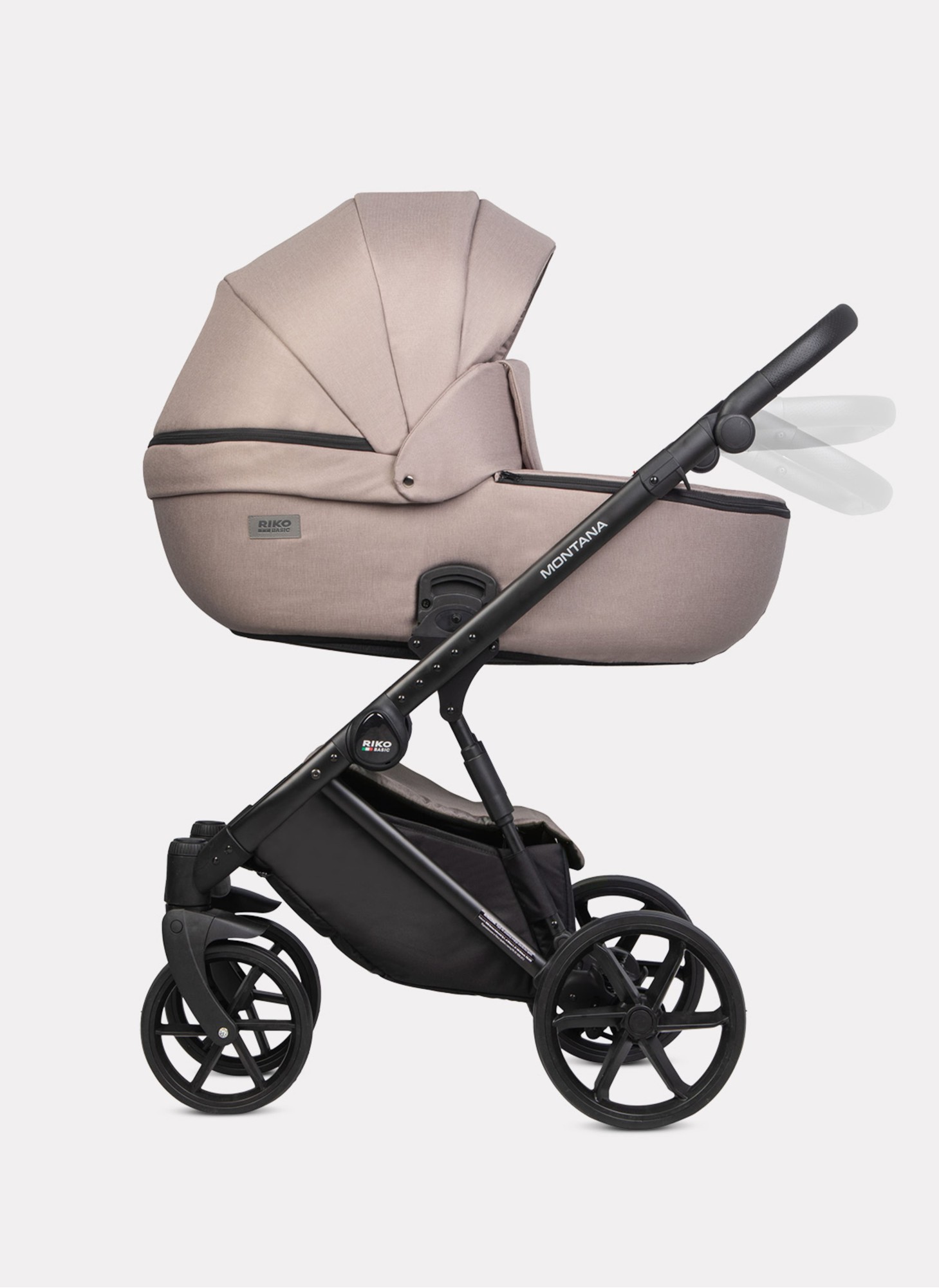Детская коляска 2 в 1 Riko Basic Montana 2025 | Реверсивный прогулочный блок | Пружинная амортизация | Передние поворачиваемые колеса с фиксацией | Цвет - бежевый