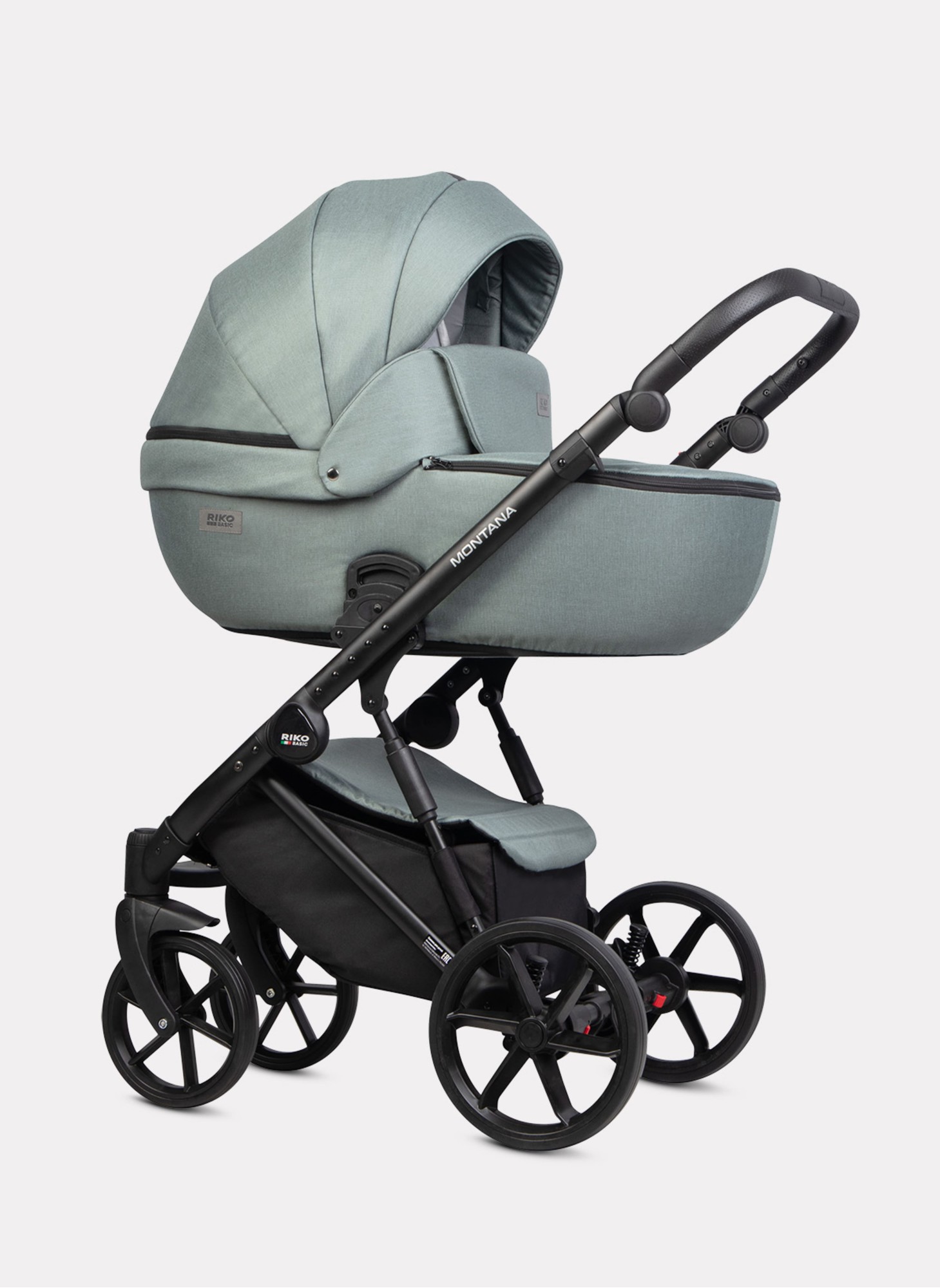 Детская коляска 2 в 1 Riko Basic Montana 2025 | Реверсивный прогулочный блок | Пружинная амортизация | Передние поворачиваемые колеса с фиксацией | Цвет - зеленый