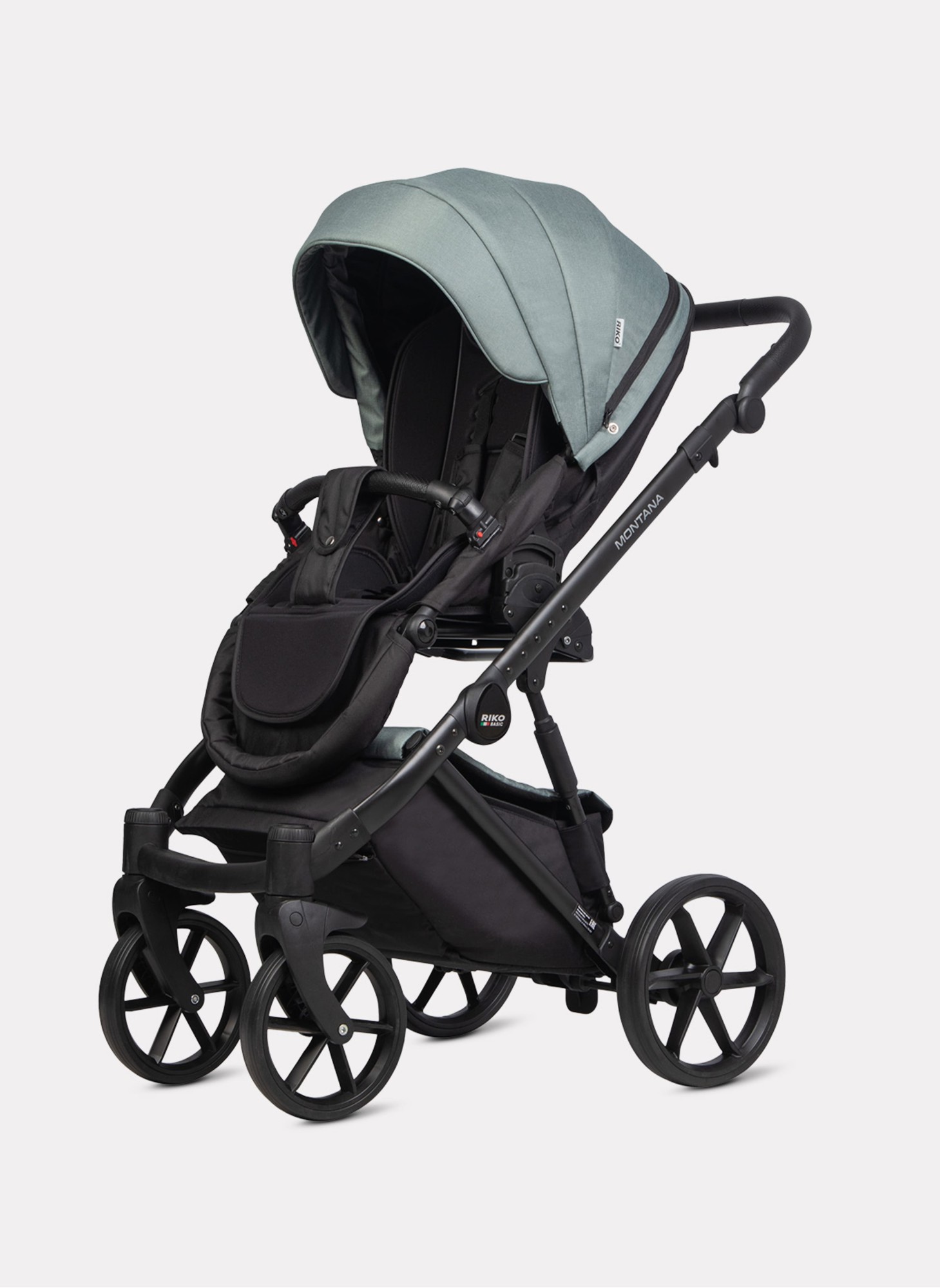 Детская коляска 2 в 1 Riko Basic Montana 2025 | Реверсивный прогулочный блок | Пружинная амортизация | Передние поворачиваемые колеса с фиксацией | Цвет - зеленый