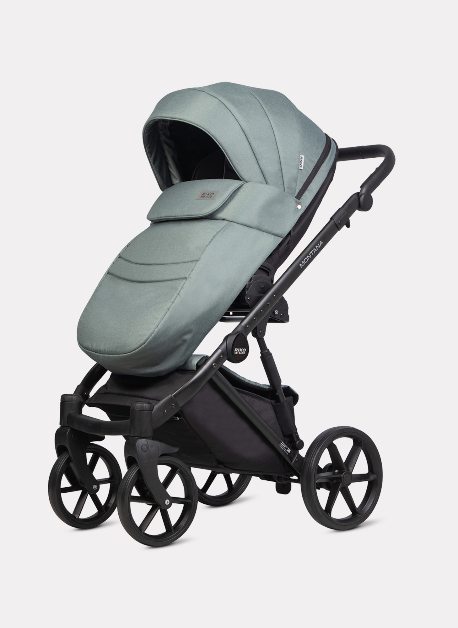Детская коляска 2 в 1 Riko Basic Montana 2025 | Реверсивный прогулочный блок | Пружинная амортизация | Передние поворачиваемые колеса с фиксацией | Цвет - зеленый