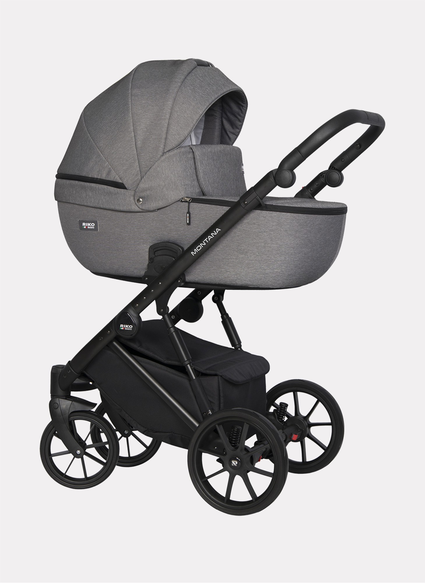 Детская коляска 3 в 1 Riko Basic Montana | Реверсивный прогулочный блок | Пружинная амортизация | Передние поворачиваемые колеса с фиксацией | Цвет - графитовый