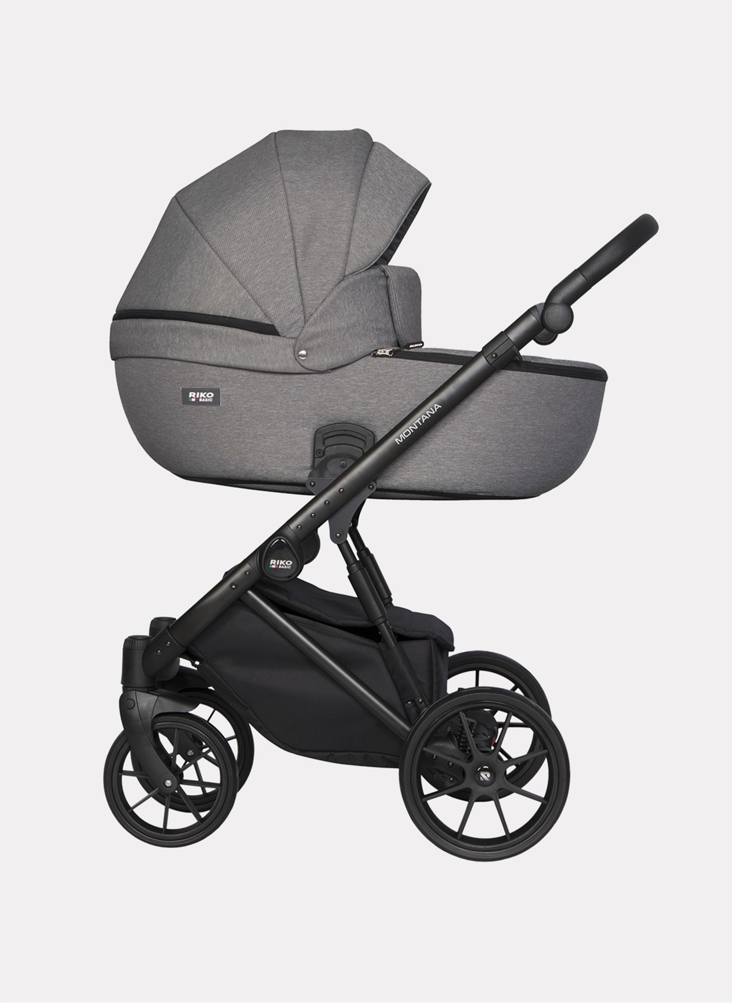 Детская коляска 3 в 1 Riko Basic Montana | Реверсивный прогулочный блок | Пружинная амортизация | Передние поворачиваемые колеса с фиксацией | Цвет - графитовый