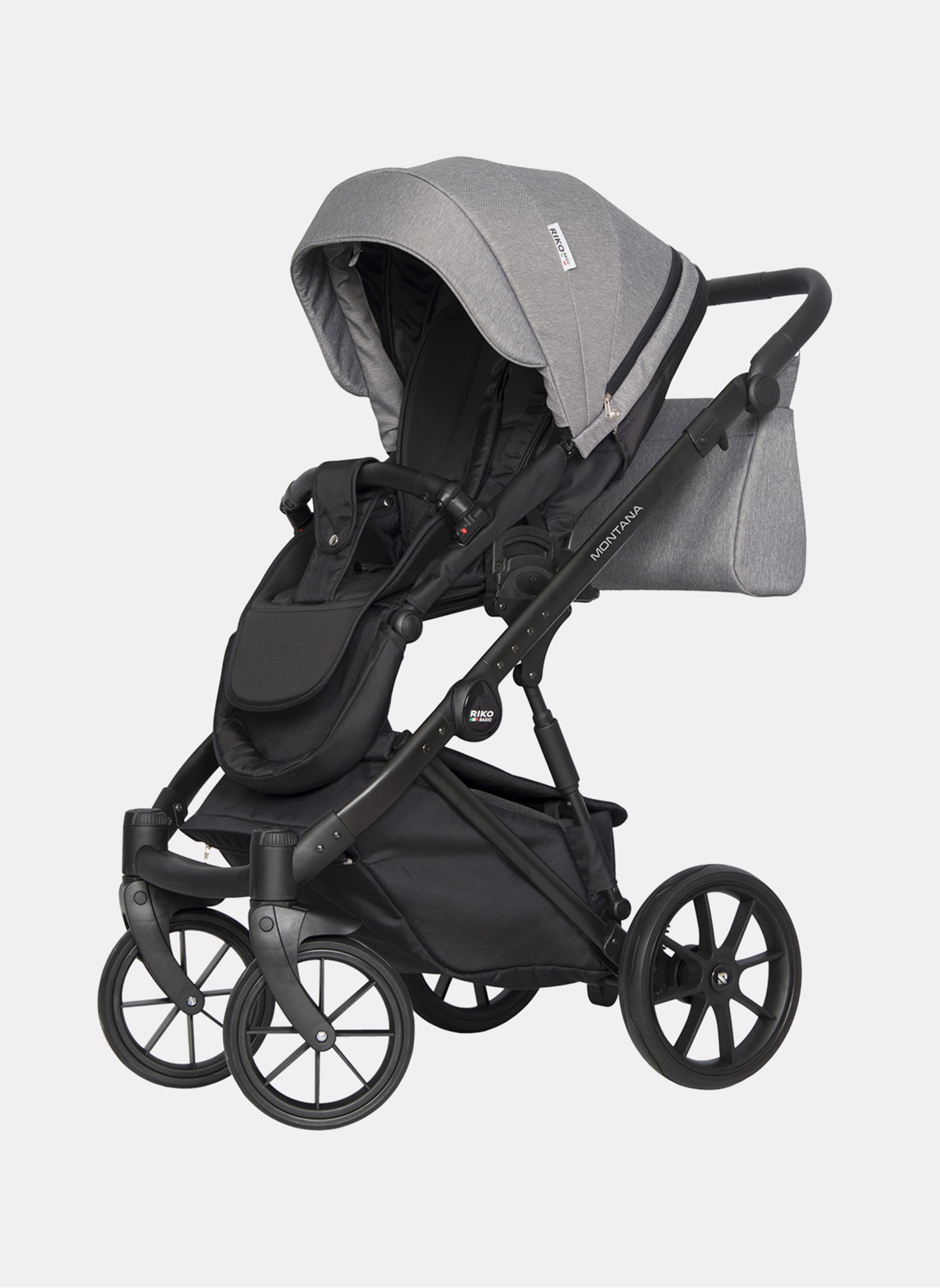 Детская коляска 3 в 1 Riko Basic Montana | Реверсивный прогулочный блок | Пружинная амортизация | Передние поворачиваемые колеса с фиксацией | Цвет - графитовый