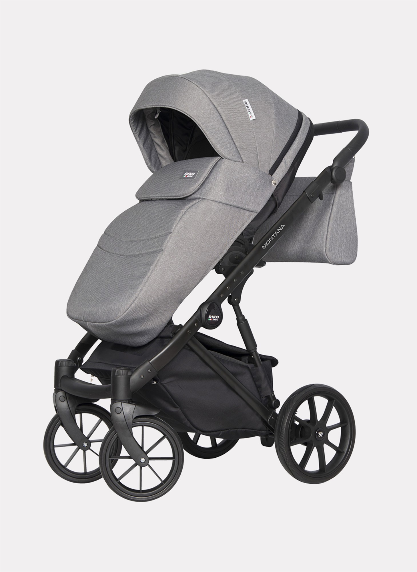 Детская коляска 3 в 1 Riko Basic Montana | Реверсивный прогулочный блок | Пружинная амортизация | Передние поворачиваемые колеса с фиксацией | Цвет - графитовый