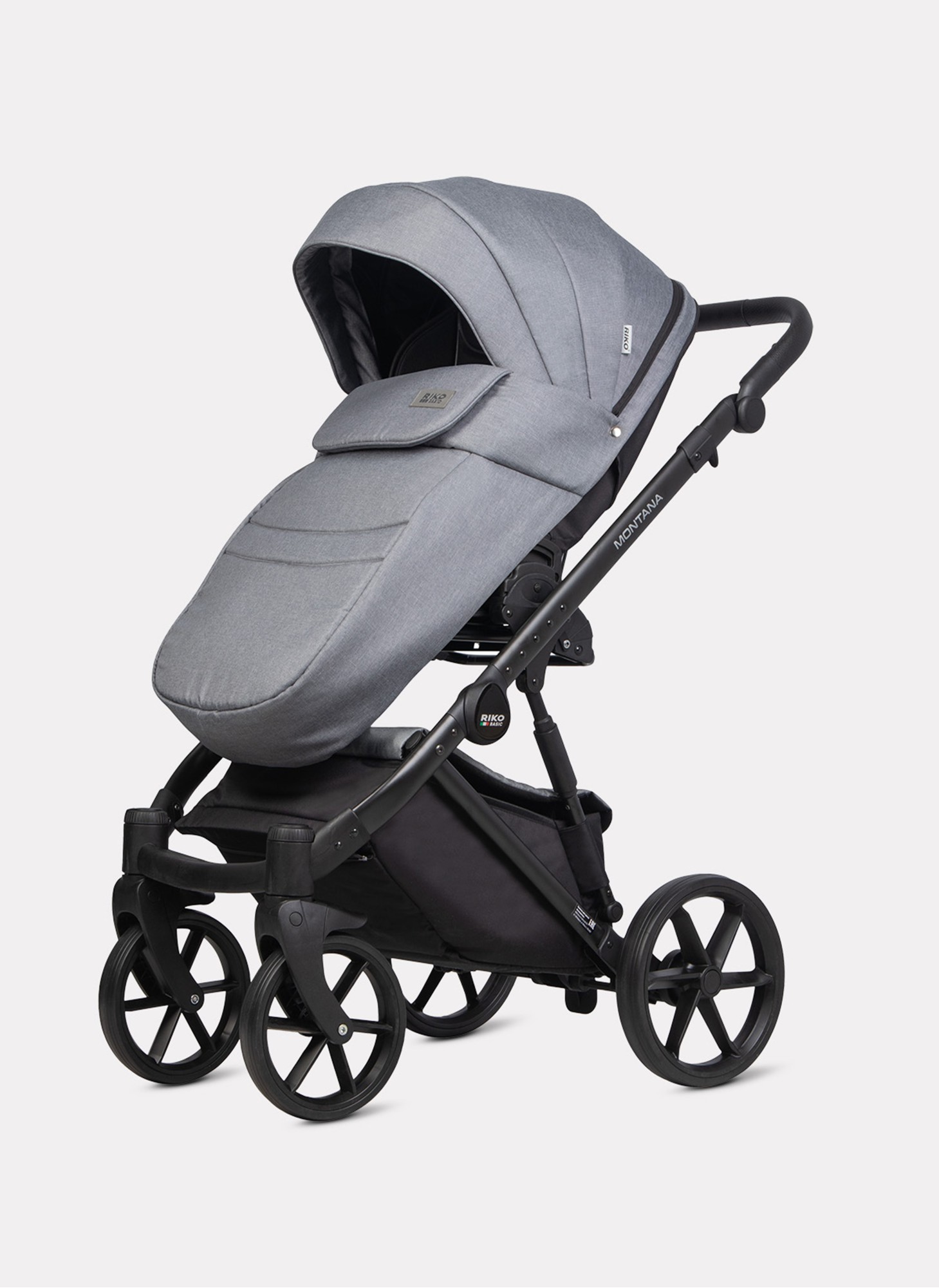 Детская коляска 3 в 1 Riko Basic Montana 2025 | Реверсивный прогулочный блок | Пружинная амортизация | Передние поворачиваемые колеса с фиксацией | Цвет - серый