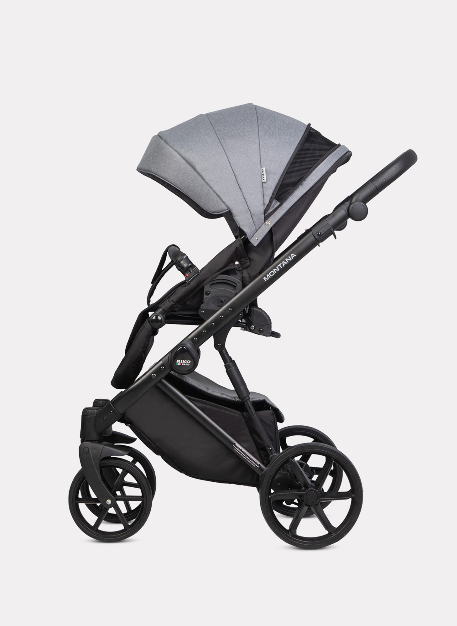 Детская коляска 3 в 1 Riko Basic Montana 2025 | Реверсивный прогулочный блок | Пружинная амортизация | Передние поворачиваемые колеса с фиксацией | Цвет - серый