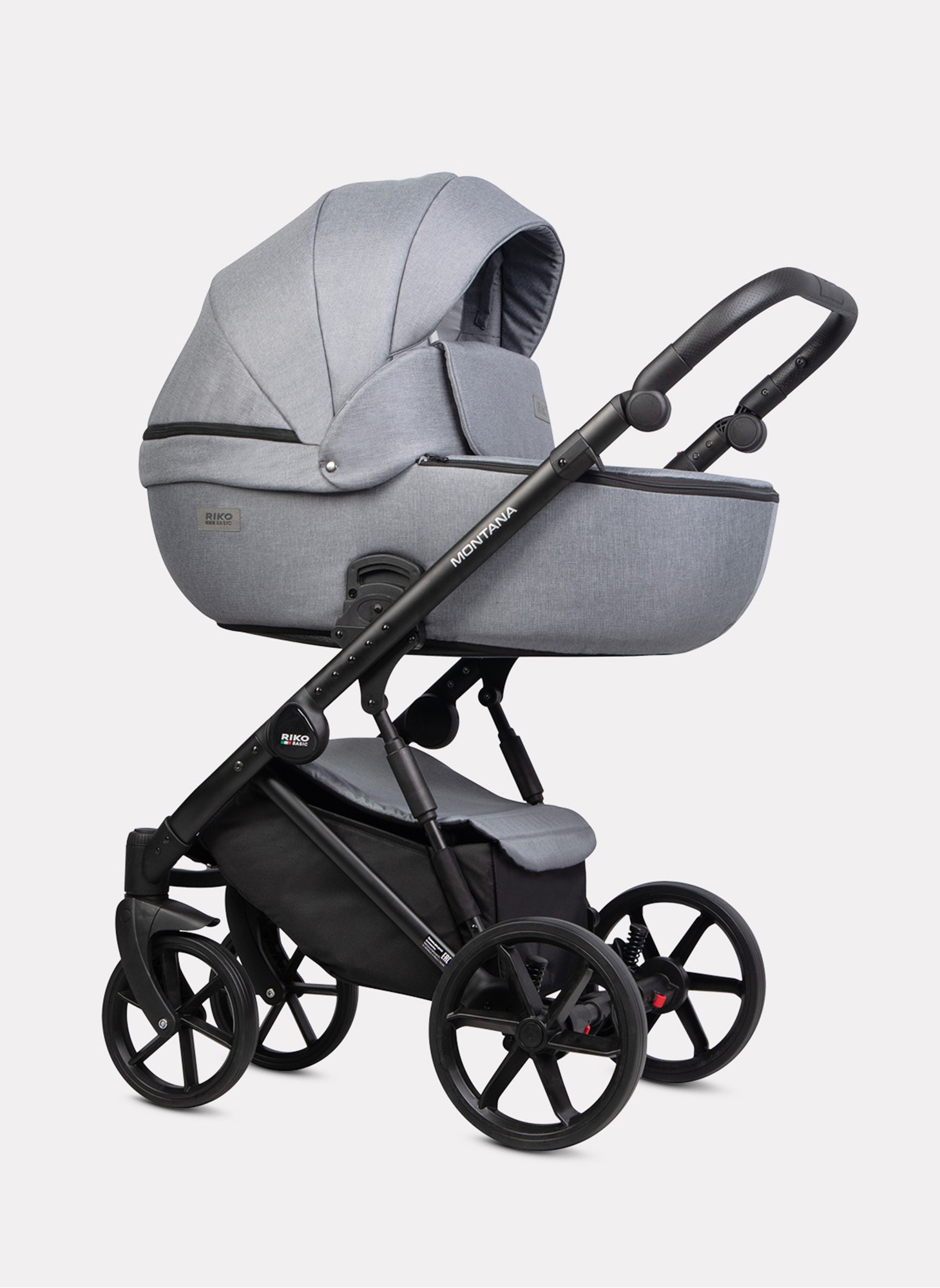 Детская коляска 3 в 1 Riko Basic Montana 2025 | Реверсивный прогулочный блок | Пружинная амортизация | Передние поворачиваемые колеса с фиксацией | Цвет - серый
