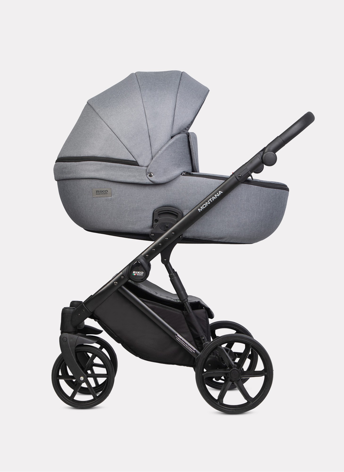 Детская коляска 3 в 1 Riko Basic Montana 2025 | Реверсивный прогулочный блок | Пружинная амортизация | Передние поворачиваемые колеса с фиксацией | Цвет - серый