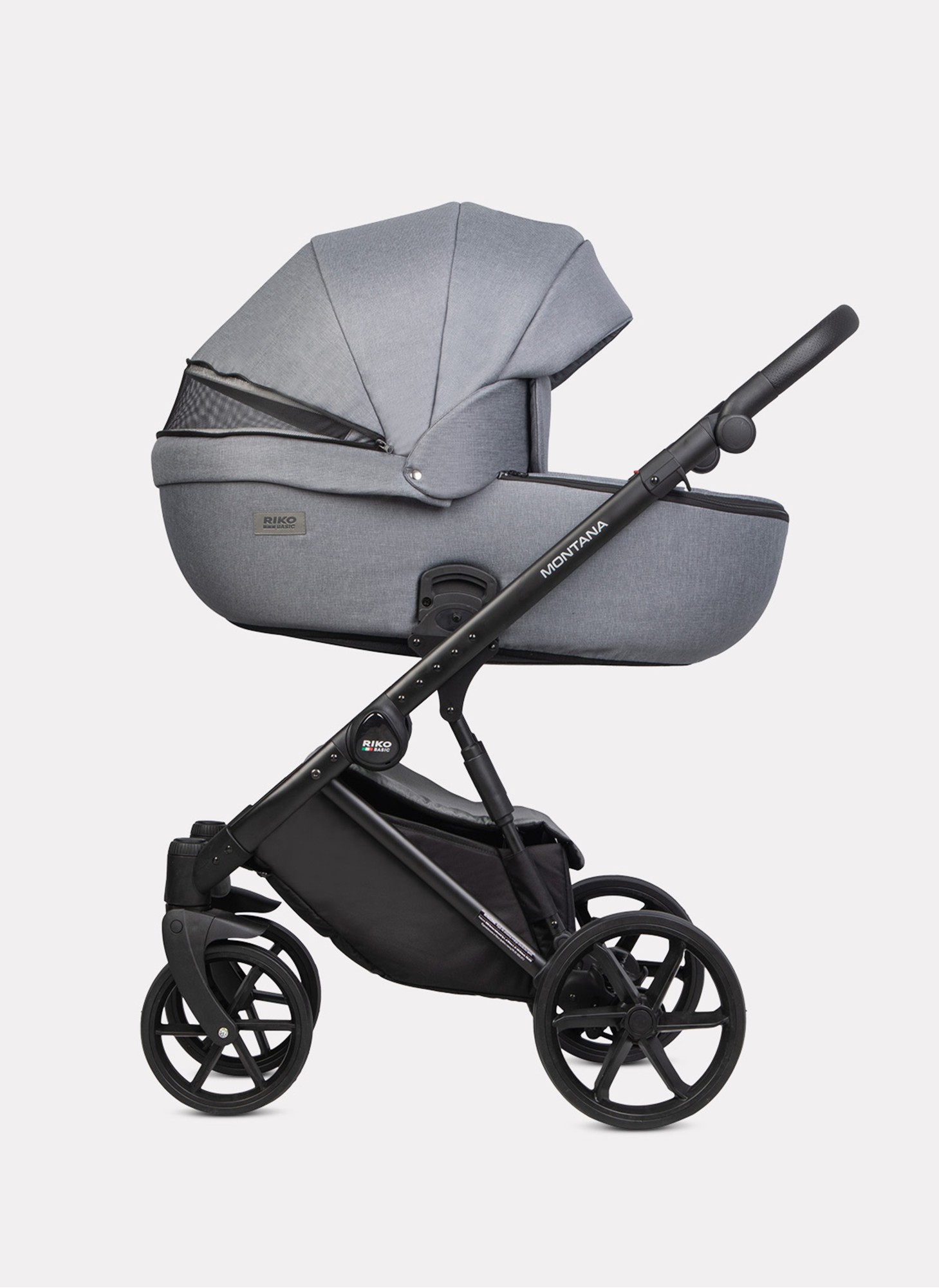 Детская коляска 3 в 1 Riko Basic Montana 2025 | Реверсивный прогулочный блок | Пружинная амортизация | Передние поворачиваемые колеса с фиксацией | Цвет - серый