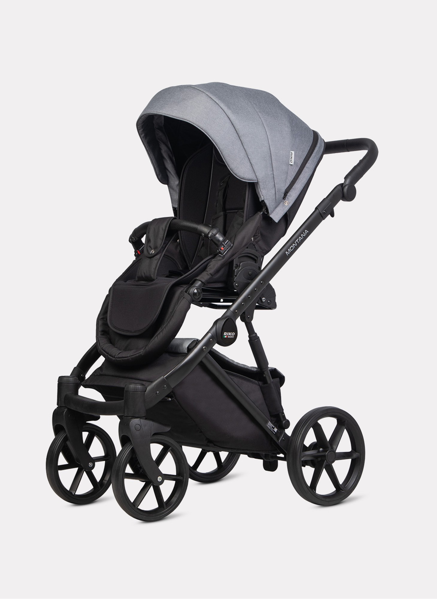 Детская коляска 3 в 1 Riko Basic Montana 2025 | Реверсивный прогулочный блок | Пружинная амортизация | Передние поворачиваемые колеса с фиксацией | Цвет - серый