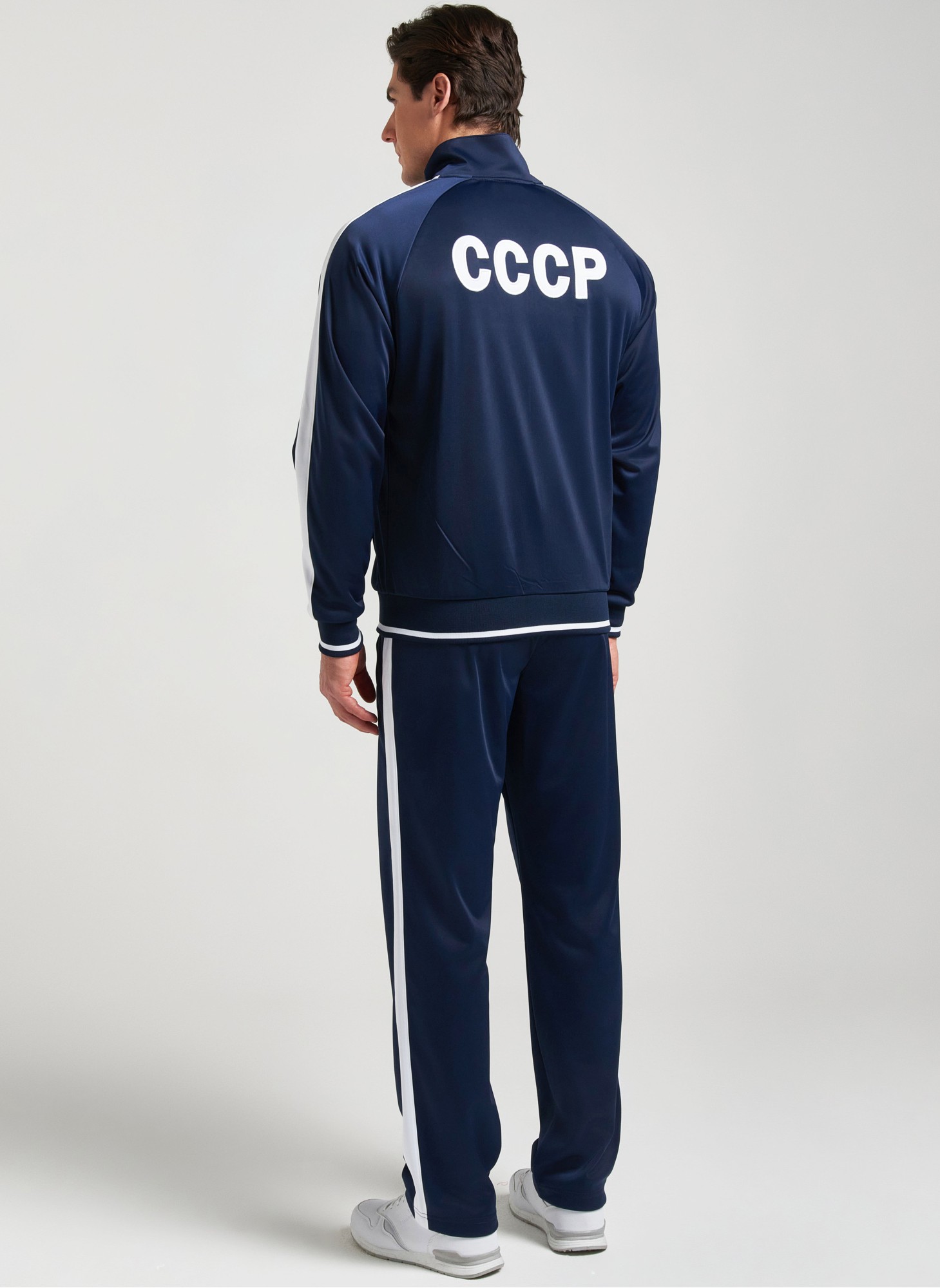 Спортивный костюм мужской с символикой СССР - герб СССР на груди и надпись на спине, RUSTEAM, цвет - синий с белыми вставками и лампасами