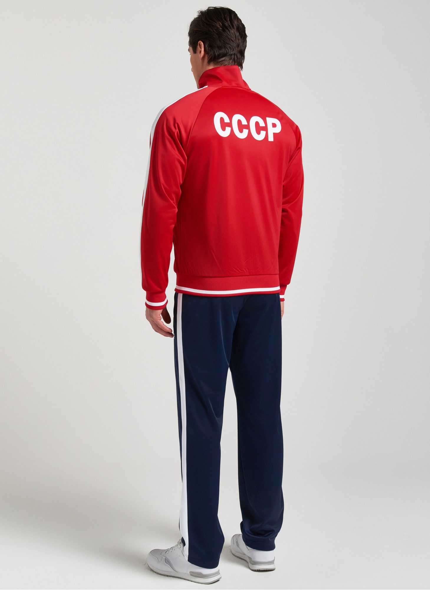 Спортивный костюм мужской с символикой СССР - герб СССР на груди и надпись на спине, RUSTEAM, цвет - олимпийка красная с белыми вставками, брюки синие