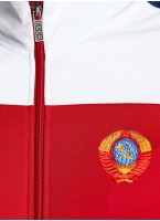 Спортивный трех-цветный костюм мужской с вышивкой СССР - герб СССР на груди и надпись на спине, RUSTEAM, цвет - синий с белыми вставками и лампасами