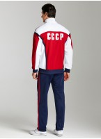 Спортивный трех-цветный костюм мужской с вышивкой СССР - герб СССР на груди и надпись на спине, RUSTEAM, цвет - синий с белыми вставками и лампасами