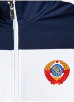 Спортивный трех-цветный костюм мужской с вышивкой СССР - герб СССР на груди и надпись на спине, RUSTEAM, цвет - синий с белыми вставками и лампасами