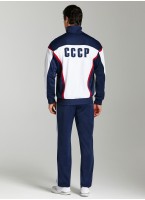 Спортивный трех-цветный костюм мужской с вышивкой СССР - герб СССР на груди и надпись на спине, RUSTEAM, цвет - синий с белыми вставками и лампасами