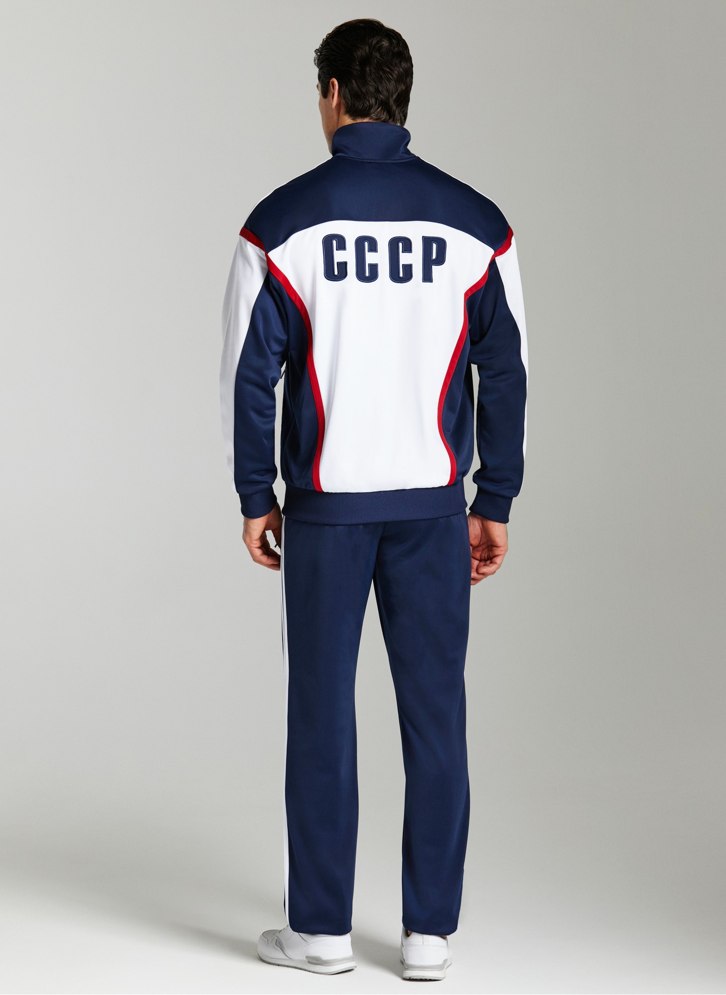 Спортивный трех-цветный костюм мужской с вышивкой СССР - герб СССР на груди и надпись на спине, RUSTEAM, цвет - синий с белыми вставками и лампасами