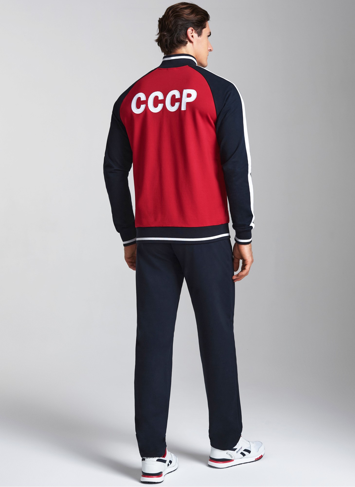 Спортивный костюм мужской с символикой СССР - герб СССР на груди и надпись СССР на спине, RED-N-ROCK'S, красная олимпийка с синими и белыми вставками, синие брюки