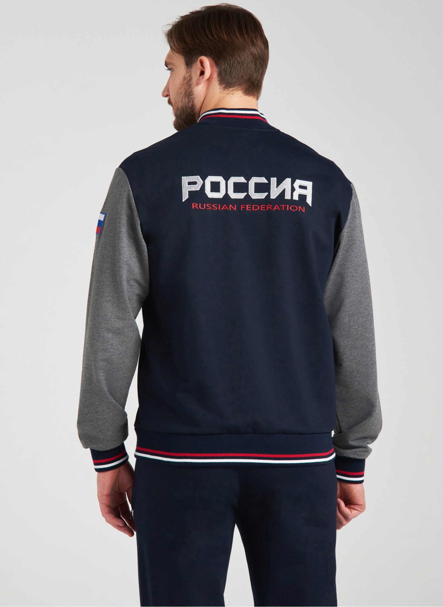 Мужской спортивный костюм Rusteam с гербом России и надписью Россия, синий с серыми рукавами