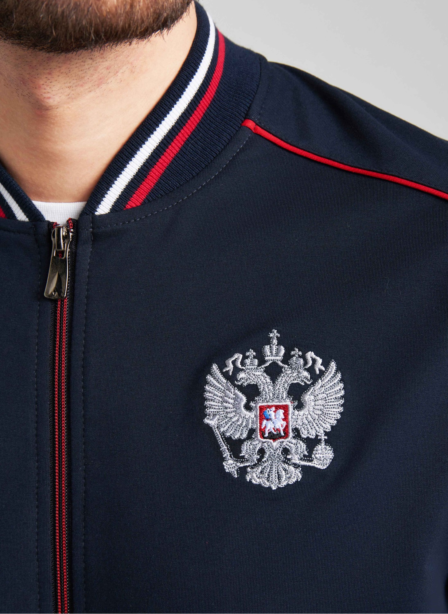 Мужской спортивный костюм Rusteam с гербом России и надписью Россия, синий с серыми рукавами