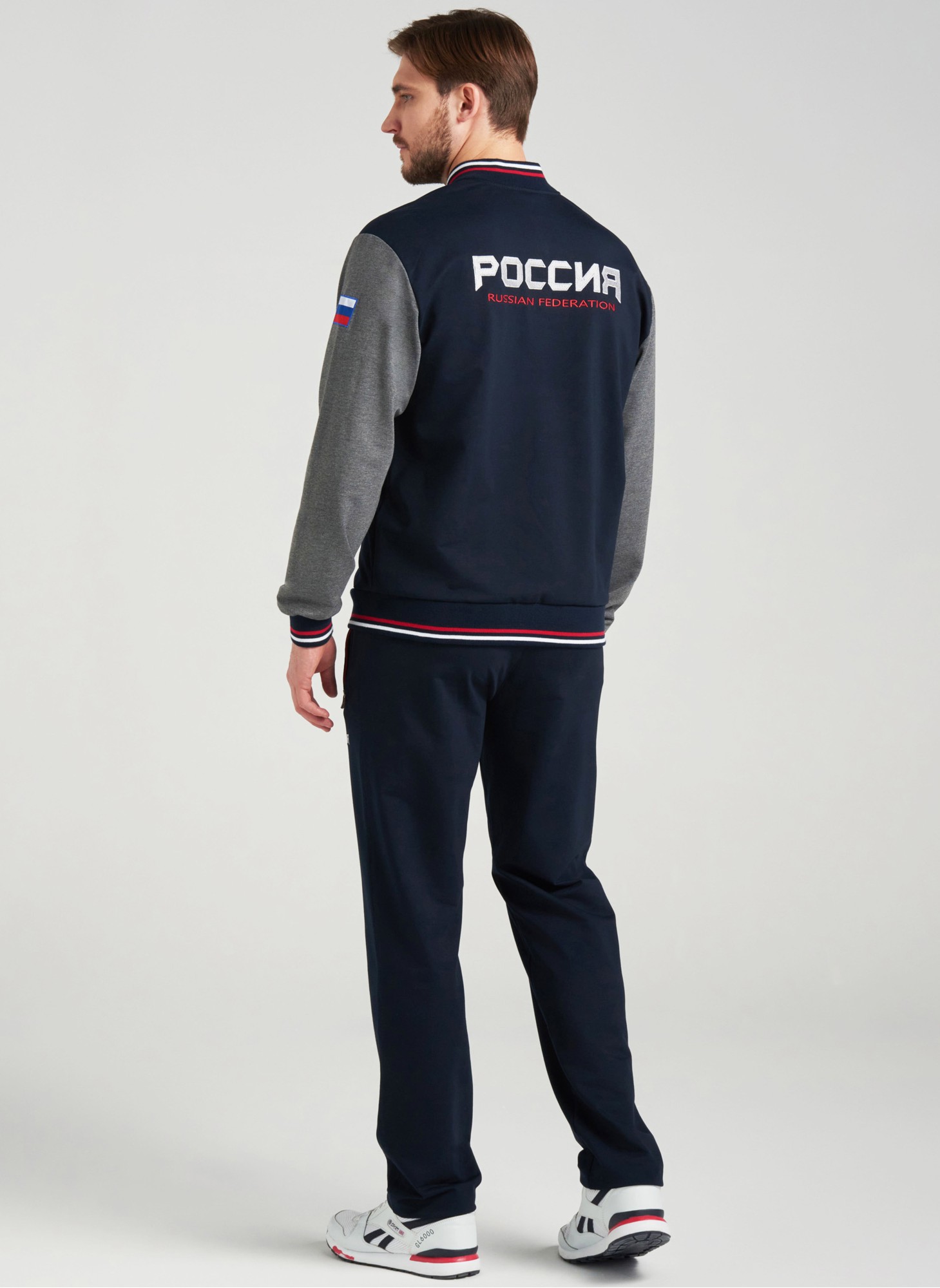 Мужской спортивный костюм Rusteam с гербом России и надписью Россия, синий с серыми рукавами