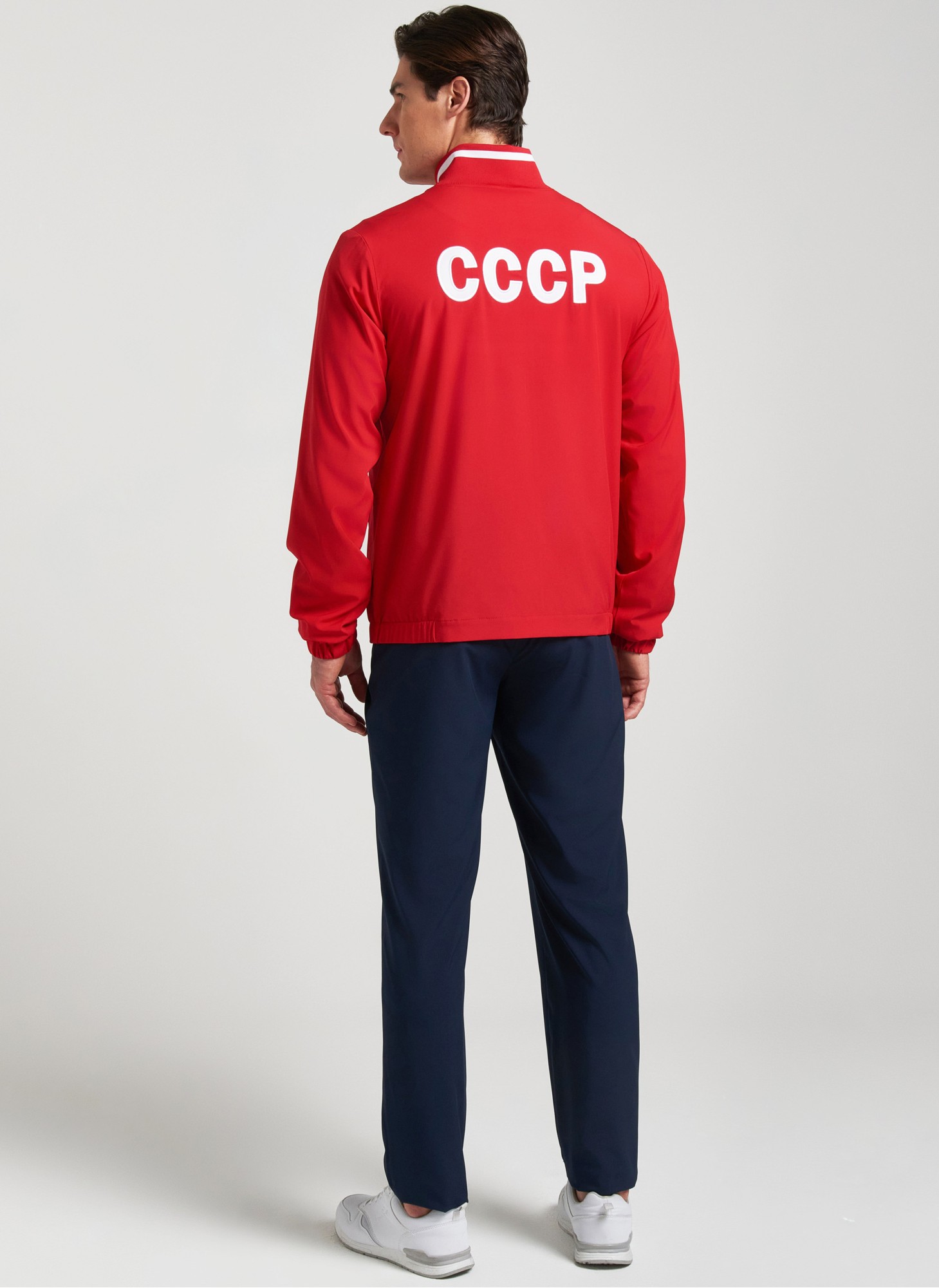 Легкий спортивный костюм мужской с символикой СССР - герб СССР на груди и надпись СССР на спине, RUSTEAM, красная олимпийка и синие брюки