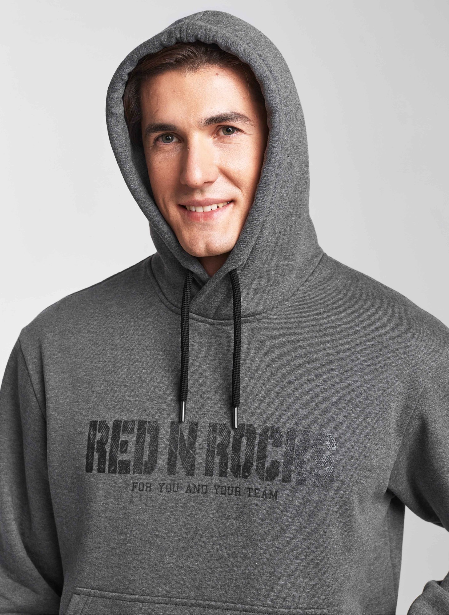 Мужское худи с капюшоном RED-N-ROCK'S с принтом, цвет серый, из футера трехниточного с начесом, карман кенгуру